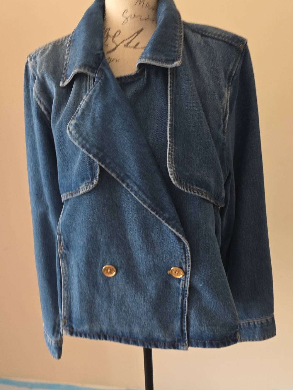 Michael Kors Blue Denim Double-Breasted Jean Jacket with Gold Buttons